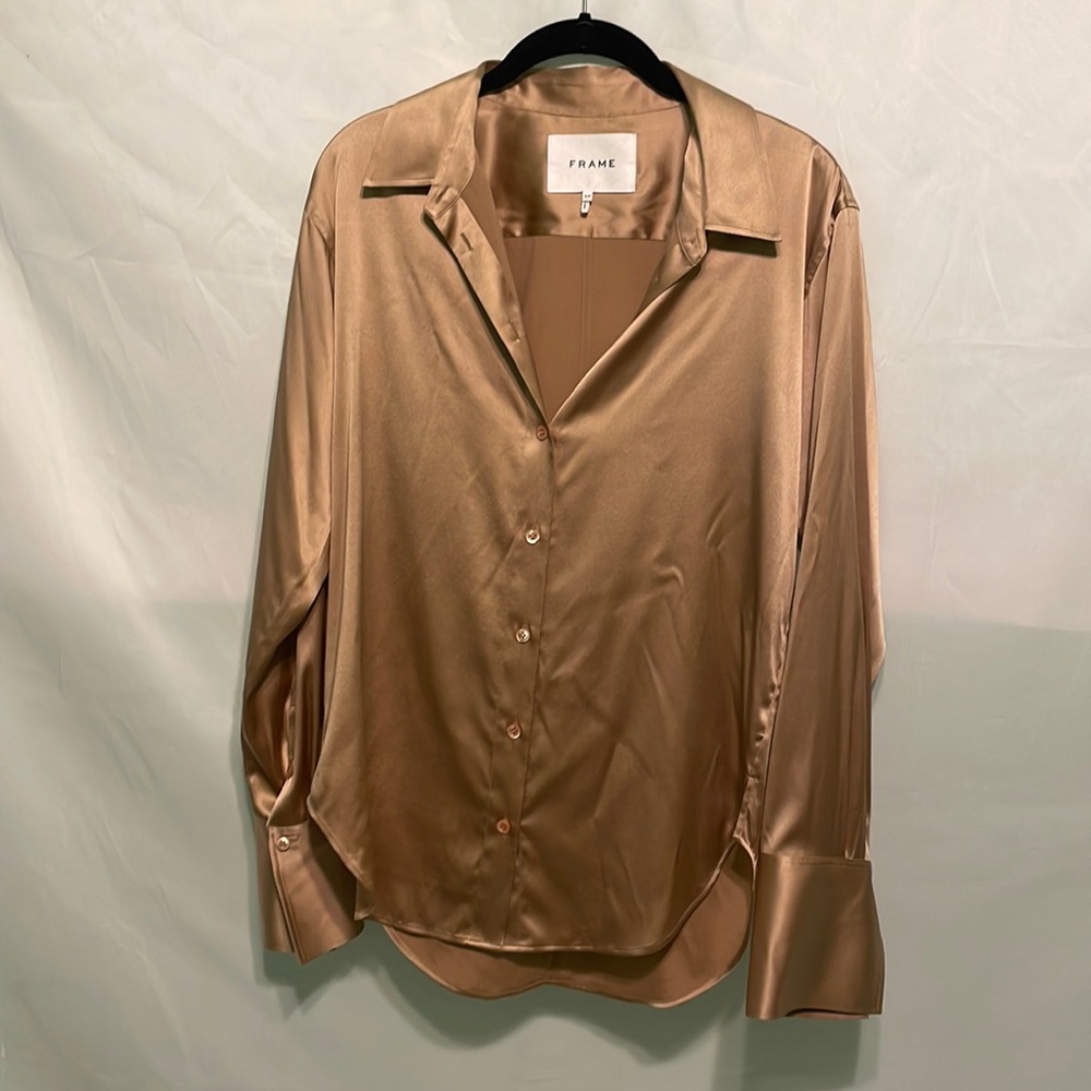 Frame denim women’s gold silk button down blouse size small